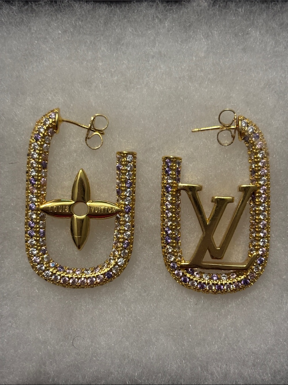 LV Gold Hoop Earrings with Purple & Diamond Stones